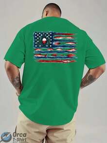 American Flag And Fish Print Short-Sleeve T-Shirt Featuring A Design That Combines The American Flag With Fishing Elements. Suitable For Outdoor Fishi - 綠色 - 查看 4