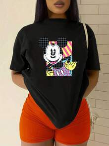 Colorful Graphic With An Iconic Smiling Figure That Conveys Joy And Youthful Energy, Perfect For Expressing A Fun And Optimistic Attitude. Comfortable And Soft Women's T-Shirt, Ideal For Everyday Wear And Casual Combinations. - 黑色 - 查看 2