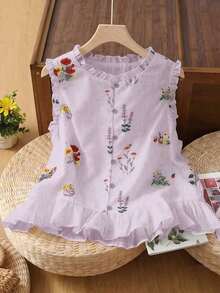 Nueva llegada de primavera/verano Blusa sin mangas con volantes de estampado floral francés dulce y único, elegante top de tirantes - Morado - Ver 5