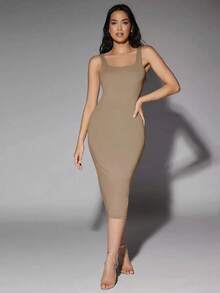 Vestido tank de espalda baja unicolor - Caqui - Ver 5