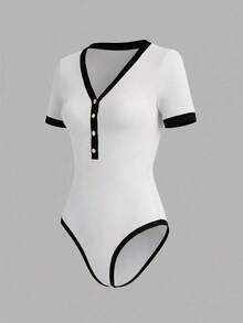 Body de mujer casual con ribete de color contrastante, verano - Blanco - Ver 3