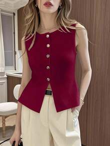 Blusa de punto sin mangas con botones delanteros de unicolor para uso casual y de oficina para mujeres - Rojo violeta - Ver 6