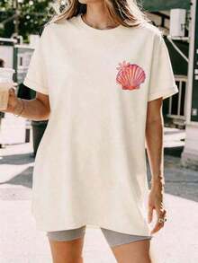 Spring/Summer 2026, New Women's Summer T-Shirt With Round Neck, Shell, Star And Letter Print, Short Sleeve, Casual Style For Beach Vacation, Comfortable Pink Cotton T-Shirt With Double-Sided Print. - 杏色 - 查看 2