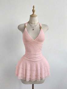 Vestido de mujer de encaje bordado con volantes multicapa para primavera/verano, elegante y sexy de lujo, vestido mini ajustado, versátil para citas y salidas casuales - Rosa Pálido - Ver 7