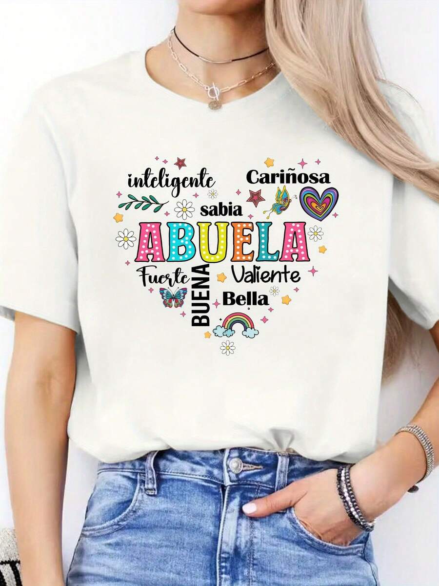 Spring-Summer Casual T-Shirt With Spanish Letter Print, Short-Sleeved Sports T-Shirt With Round Neck, Women's Top, A Very Distinctive Printed T-Shirt / Unisex Style / Suitable For Both Men And Women / Wrinkle Resistant / Breathable. - 白色 - 查看 1