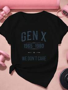Unisex Plus Size Vintage Style T-Shirt 1965-1980 With "We Don't Care" Print, Short Sleeve, Casual, Sporty, Black Base With White/Blue Geometric Print, Breathable, Non-Woven, Crew Neck, Mother's Day Gift, Gift For The Best Mom - 黑色 - 查看 6