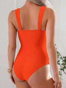 Swim Basics Traje de baño de una pieza con hombros fruncidos de unicolor, estilo minimalista bohemio de festival para mujer - Naranja Quemada - Ver 2