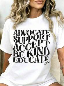 1 Piece Women's T-Shirt With The Phrase "Support Advocates, Be Kind, Educate", For Mental Health And Autism Awareness, Gift For Charity Events And Everyday Wear, 180g 100% Cotton - 白色 - 查看 1