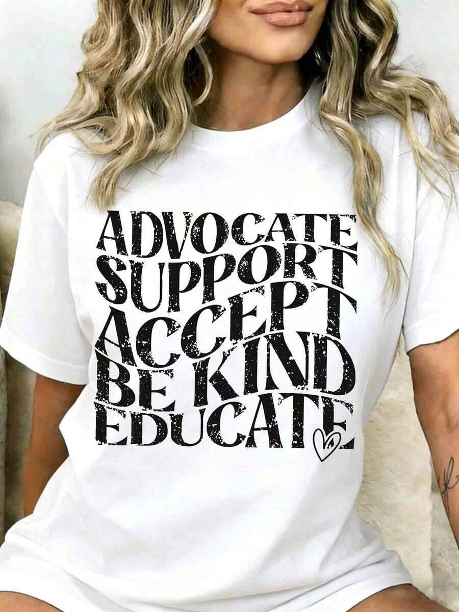 1 Piece Women's T-Shirt With The Phrase "Support Advocates, Be Kind, Educate", For Mental Health And Autism Awareness, Gift For Charity Events And Everyday Wear, 180g 100% Cotton - 白色 - 查看 1