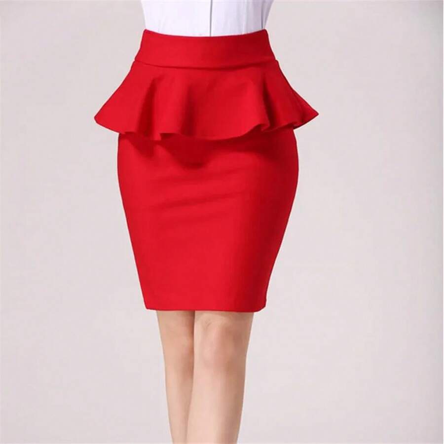 Falda lápiz de cintura alta elástica con volantes para mujer, tallas grandes - Rojo - Ver 1