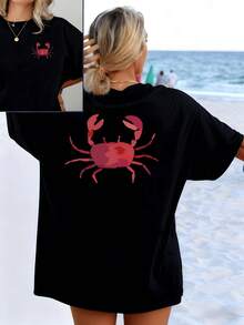 Red Crab, Symbol Of Marine Energy And Connection With Nature, Evoking Freedom And Inner Strength. Ideal For Days By The Sea. Women's T-Shirt With A Casual And Comfortable Double Print. - 黑色 - 查看 8