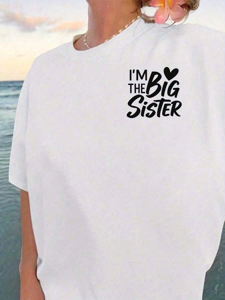 Women's Casual T-Shirt With "I'm A Big Sister" Print - Loose Fit, Short Sleeves, Crew Neck, Machine Washable, White With Black Text Design, Durable Fabric For Weekend Wear, Soft Material, Classic Style With Print - 白色的 - 查看 1