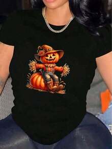 Women's Casual Short Sleeve Halloween T-Shirt, 1 Piece, 100% Heavy Cotton - Comfortable Round Neck, Soft And Adorable Loose And Comfortable T-Shirts - 黑色 - 查看 7