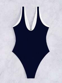 Traje de baño de una pieza con escote profundo en 'V' y espalda en 'U' de unicolor elegante y sexy para mujeres en primavera - Azul marino - Ver 3