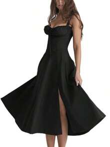 Mujeres Temperamento Moda Senior Sentido Francés Tirantes Suave Viento Vestidos Largo Dividido, Mujeres Temperamento Elegante Sexy Tirantes Vestido Elástico, conjuntos elegantes de mujer falda,Suave y Cómodo Tejido Agradable a la Piel, Adecuado para Banquetes, Asistir a Eventos, Hospedaje, Playas, Viajar Sesiones de Fotos, Fotografía de Calle, Trabajo y Uso Casual Diario. - Negro - Ver 3