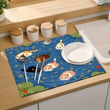 1 pieza Estera de secado de platos, Estera para máquina de café, Estera de drenaje absorbente con patrón de gatito colorido y alegre sobre superficie de agua azul, Adecuada para mesa de comedor y cafetería, Estera de drenaje multiusos, Regalo para el hogar, Decoración de escritorio - XYLSD-380 - Ver 9