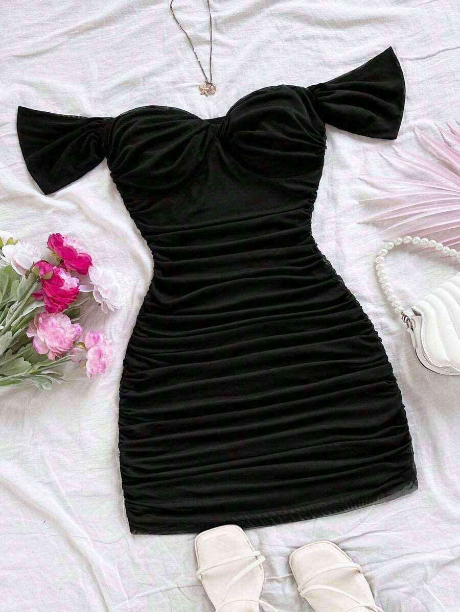 Vestido mini ajustado de punto rojo con hombros descubiertos para mujer, diseño con espalda calada, adecuado para vacaciones, citas, té de la tarde, temporada de bodas, playa, crucero, vacaciones en la ciudad, vacaciones bohemias, festivales de - Negro 2 - Ver 1