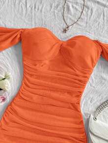 Vestido mini ajustado de punto rojo con hombros descubiertos para mujer, diseño con espalda calada, adecuado para vacaciones, citas, té de la tarde, temporada de bodas, playa, crucero, vacaciones en la ciudad, vacaciones bohemias, festivales de - Naranja Quemada - Ver 4