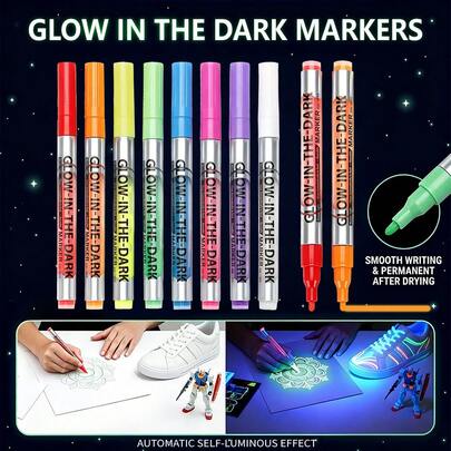 8 Colors Glowi N The Dark Markers,Luminous Marker Pen,Absorbs Light, Glows Automatically In Dark- Reusable