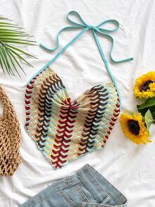 Nuevo top casual de vacaciones, estilo occidental, para invitados de boda en la playa, graduación, brunch, Día de San Patricio, vacaciones de primavera, Pascua, festival de música, elegante, bohemio, tropical, con cuello halter y lazo en la espalda - Multicolor - Ver 3