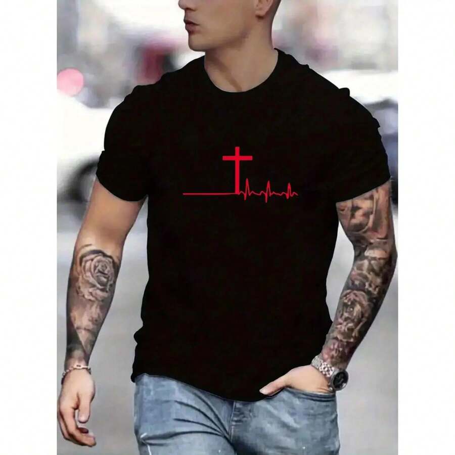 [100% Algodón] Camiseta de Hombre con Estampado de Pulsaciones Cruzadas - Corte Regular con Ligera Elasticidad, Comodidad Transpirable - Prenda de Temporada para Hombre. Camiseta con Estampado Gráfico, Camisetas Gráficas Virales, Camiseta Casual de Verano con Cuello Redondo, Ropa Informal y de Descanso. - Negro - Ver 1