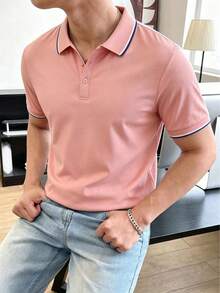 男士粉色短袖 Polo 衫，撞色领口饰边，质地细腻，抗皱，商务休闲，轻便运动风 Polo 衫 - 粉色 - 查看 2