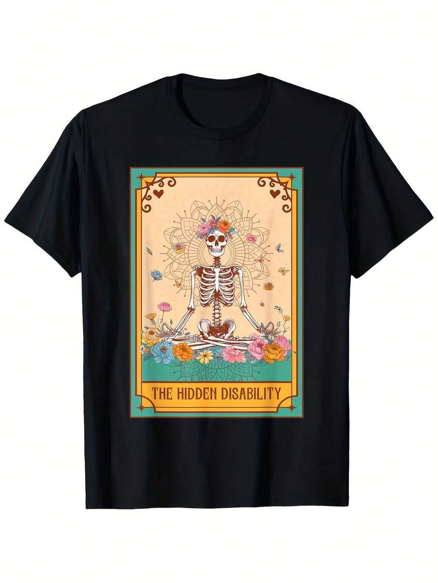 Vintage Street Style T-Shirt With A Vibrant Floral Skull Design, Designed Specifically For People With Chronic Illnesses And Hidden Disabilities. This Unisex, Loose-Fitting T-Shirt Is Comfortable And Suitable For Everyday Wear And Outdoor Activities. - 黑色 - 查看 1