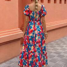 Elenzya Floral Print Waist Defined Puff Sleeve Square Neck Women Dress - Amarillo - Ver 4