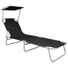 vidaXL Folding Lounger With Sunshade, Sun Lounger, Garden Lounger, Beach Lounger, Camping Lounger, Deck Chair, Leisure Lounger, Garden Furniture, Black Aluminum - Black - View 6
