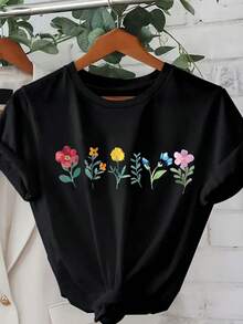 A Casual Women's Round Neck T-Shirt With A Floral Print, Made Of Knit Fabric, Featuring A Plant Design, Regular Length, Suitable For All Seasons, Short Sleeves, Made Of Pure Cotton, Soft, Round Neck, Ideal As A Holiday Gift, Fitted Design, Comfortable For All Seasons, Fashionable Women's T-Shirt, Printed Design T-Shirt With Round Neck, Machine Washable, Short Sleeves, Affordable T-Shirt, Fun Printed Shirt, Non-See-Through Material, Casual Top For Everyday Wear, Lightweight And Stretchy, Comfortable For Sports And Weekend Wear. - 黑色 - 查看 12