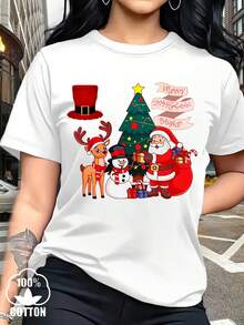Camiseta Navideña de Manga Corta para Mujer con Estampado de Santa, Rudolph y Muñeco de Nieve - Cuello Redondo Casual, Regalo Festivo para Fiestas de Navidad, Reuniones Familiares y Outfits de Invierno (Renos, Bastones de Caramelo, Campanas), Tops para Mujer, Camisetas para Mujer, Camisetas Navideñas para Mujer, Tops Lindos - Blanco - Ver 1