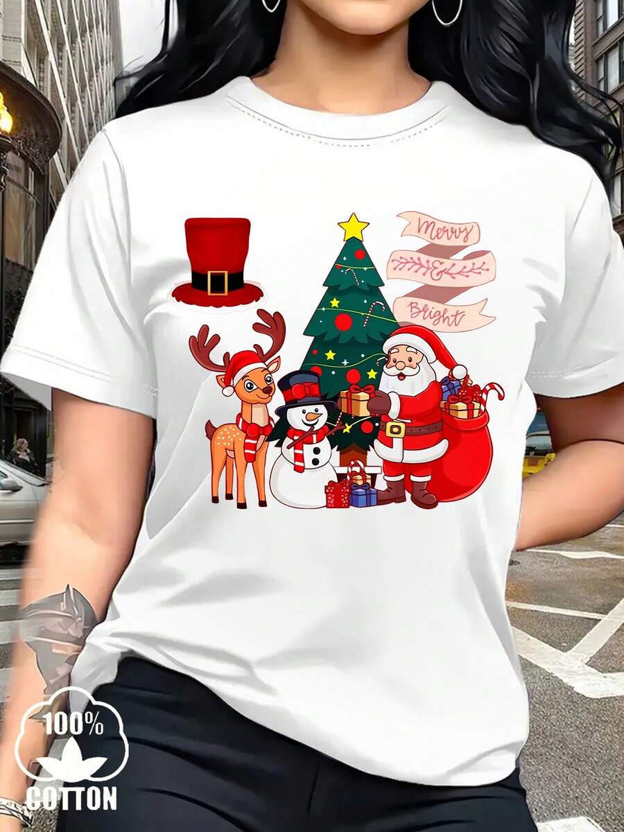Camiseta Navideña de Manga Corta para Mujer con Estampado de Santa, Rudolph y Muñeco de Nieve - Cuello Redondo Casual, Regalo Festivo para Fiestas de Navidad, Reuniones Familiares y Outfits de Invierno (Renos, Bastones de Caramelo, Campanas), Tops para Mujer, Camisetas para Mujer, Camisetas Navideñas para Mujer, Tops Lindos - Blanco - Ver 1