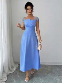 Vestido ajustado de mujer casual con parches y mangas de malla - Negro - Ver 7