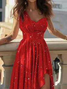 Vestido de fiesta primavera 2026, hombro asimétrico, cintura alta y corte ajustado elegante - Rojo - Ver 2