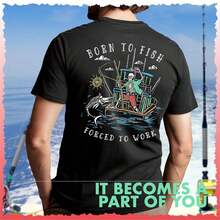 "Salty Bones Born To Fish Forced To Work" Fishing Boat Print T-Shirt, 100% Ring-Spun Cotton, Classic Fit, Printed In The USA. IFDD - 黑色 - 查看 6