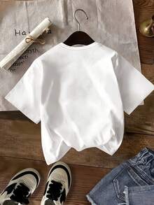 New Fashion Short Sleeve Round Neck T-Shirt For Girls, With Fun Lemon Pattern Print, A Must-Have For Kids' Spring And Summer Shopping. - 白色 - 查看 2