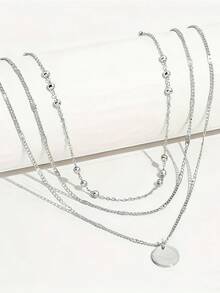 1pc Fashionable Minimalist Versatile Multi-Layer Chain Geometric Disc Metal Pendant Necklace, Suitable For Women's Daily Wear - Silver - View 2