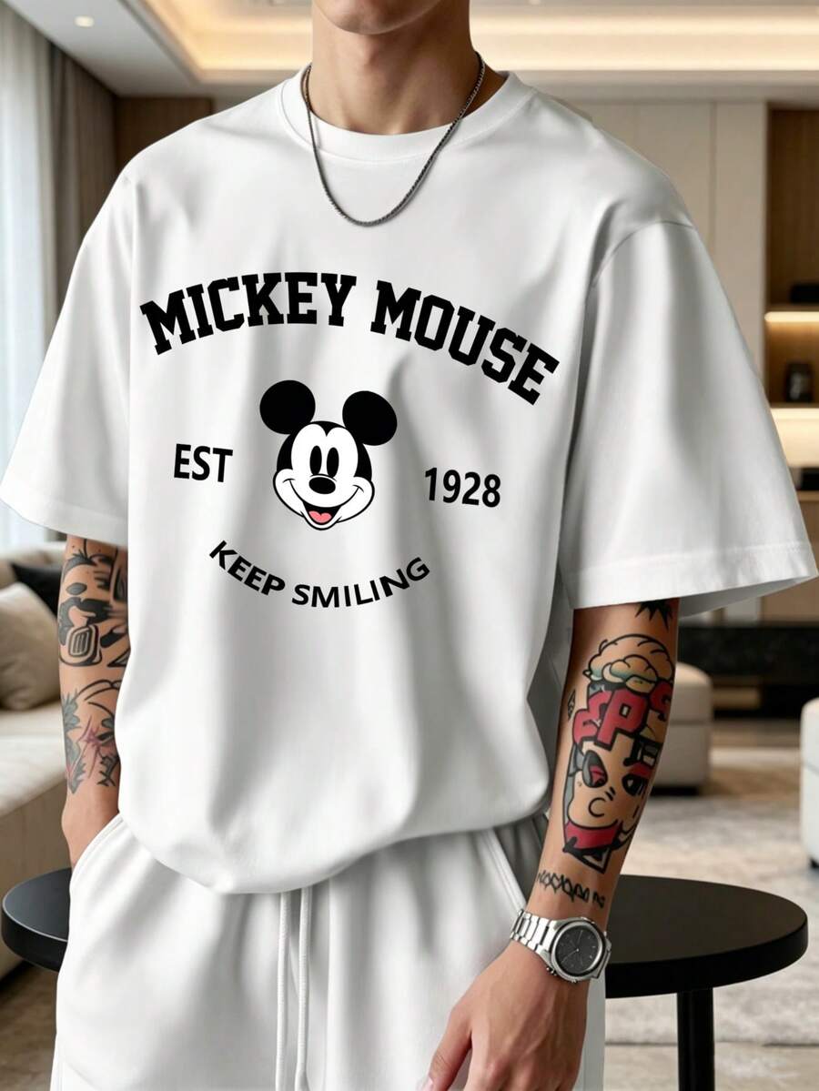 Disney 2026 New Mickey Mouse Print Men's Casual Short Sleeve T-Shirt, Stretchy Loungewear Can Be Worn Outdoors - White - View 1