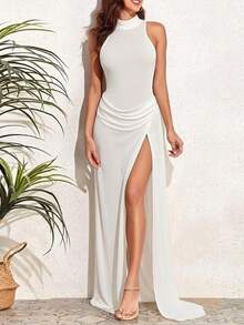 Vestido largo liso primavera 2026, cuello halter ajustado con abertura elegante - Blanco - Ver 3