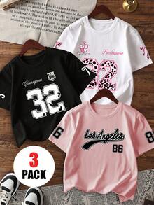 3 Stücke/Set Mädchen lässig Tops, zufälliger numerischer Muster Rundhals Tops, Schleife & Leoparden Streifen Multi-Element Design modische vielseitige Kinderkleidung - Pink - Übersicht 1