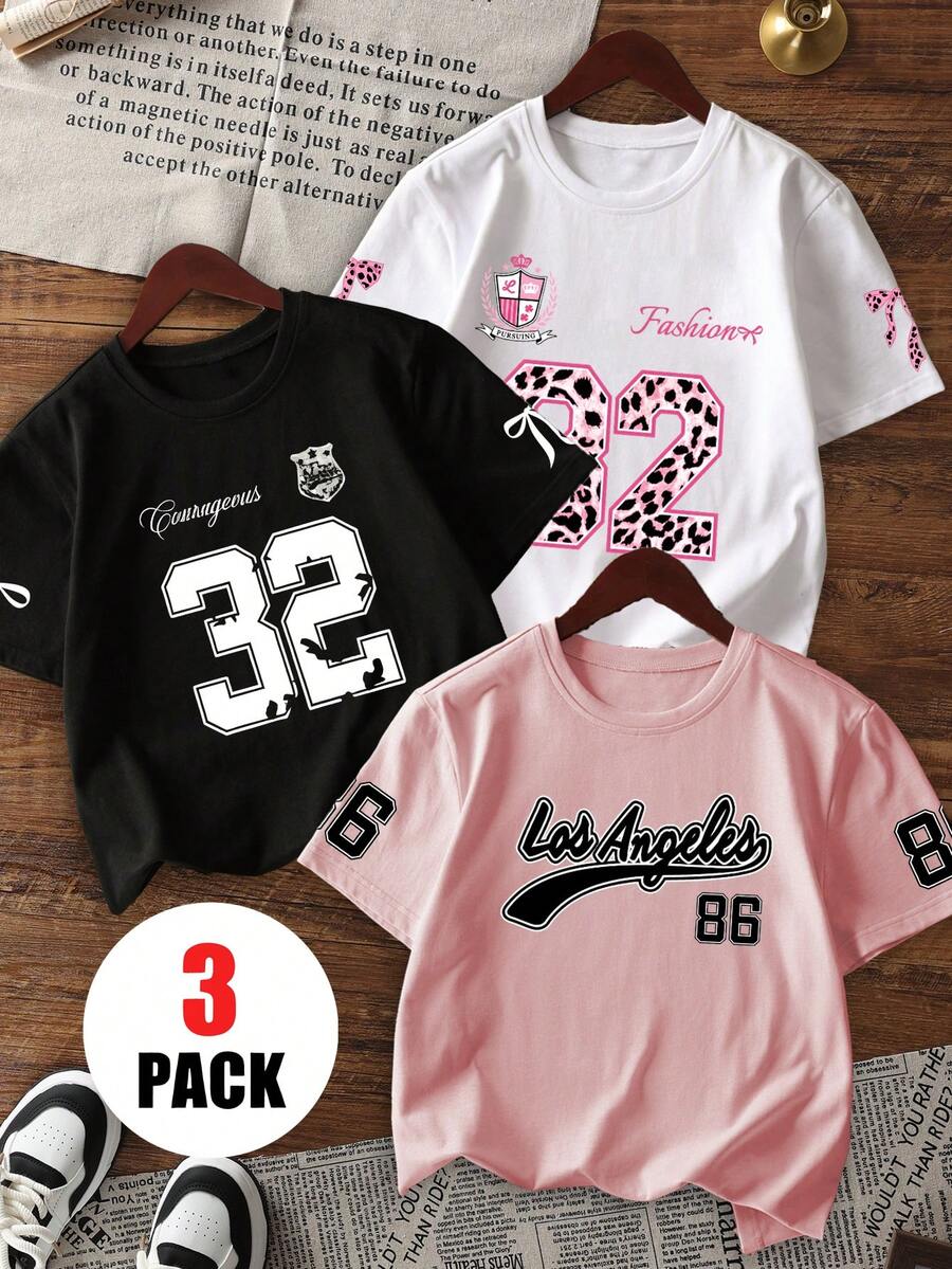 3 Stücke/Set Mädchen lässig Tops, zufälliger numerischer Muster Rundhals Tops, Schleife & Leoparden Streifen Multi-Element Design modische vielseitige Kinderkleidung - Pink - Übersicht 1
