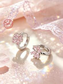 1 Pair 925 Sterling Silver Hypoallergenic Floral Earrings, Adorable And Cute, Inlaid With Pink Zirconia, Delicate And Lovely, Gift Box Packaging, Suitable For Daily Or Holiday Wear, Gift For Girls, Friends, Back To School, Holiday Gift - one-size - View 8