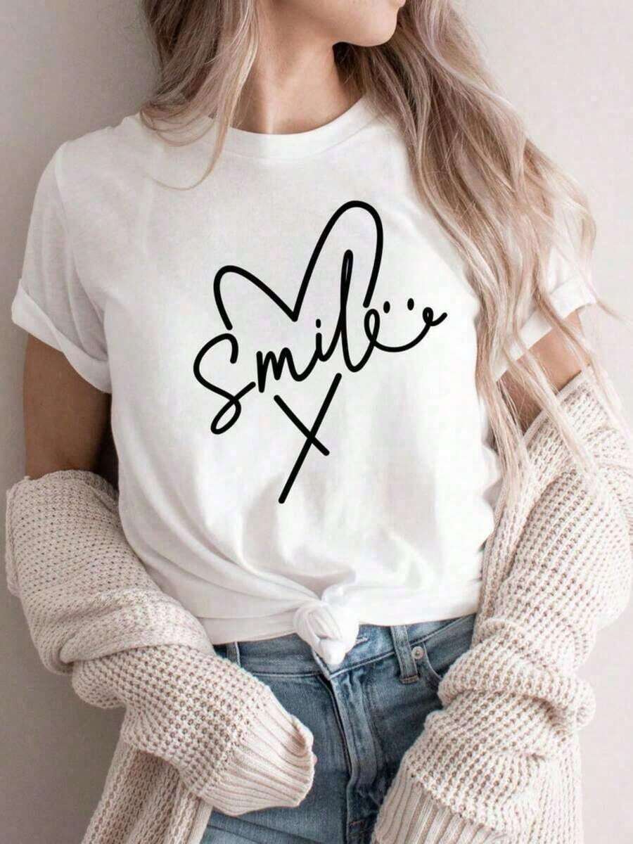 Soft 100% Cotton T-Shirt 2026, Ladies Fashion, Spring And Summer, New Women's T-Shirt With Smile Design - Gift For Girlfriend, Wife, Birthday, Positive V Design Graphic T-Shirt (2), Women's Graphic T-Shirts, Summer T-Shirt, Casual T-Shirt, Women's Holiday Sets, Youthful And Fashionable Design, Breathable Cotton T-Shirt, Matches Everything. - 白色 - 查看 1