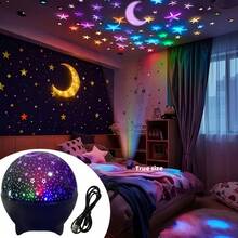 Creative Star & Moon Children's Night Light, 7-Color Starry Sky Projector Lamp, Romantic Starry Bedroom Atmosphere Light, Suitable For Bedroom, Birthday Party Decor - A - View 2