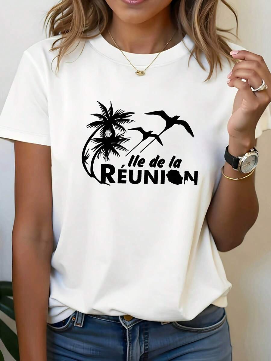 Camiseta moderna y minimalista para mujer, diseño de palmera y pájaro, camiseta blanca de manga corta estampada, estilo casual, diseño a la moda, versátil para el uso diario, tela, estilo casual y moderno para el día a día. - Blanco - Ver 1