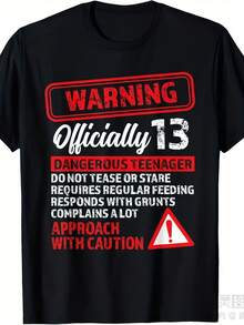 Official 13 Year Old Boys' And Girls' T-Shirt - Funny Dangerous Age Gift For 13-Year-Olds With Warning Label Design - Thick 220gsm Purely Oversized Crew Neck T-Shirt For 13-Year-Olds - Unisex Adult Casual Wear (With Red/Print) - 黑色 - 查看 1