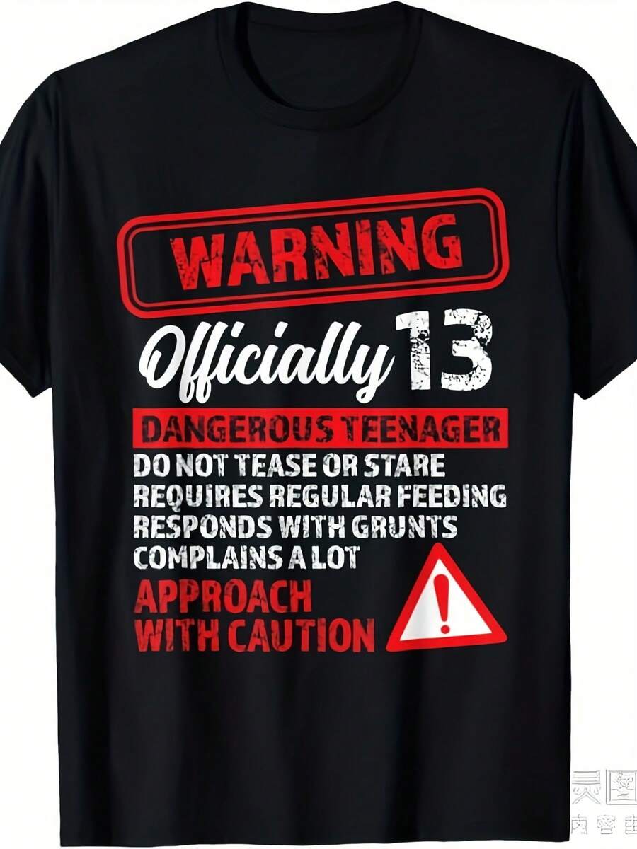 Official 13 Year Old Boys' And Girls' T-Shirt - Funny Dangerous Age Gift For 13-Year-Olds With Warning Label Design - Thick 220gsm Purely Oversized Crew Neck T-Shirt For 13-Year-Olds - Unisex Adult Casual Wear (With Red/Print) - 黑色 - 查看 1