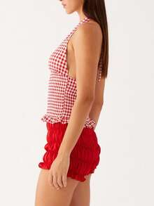 Women's Sexy Polka Dot Halter Top Backless Tie Back Vest Ruched Ruffle Hem Going Out Tops - Color caoba - Ver 2