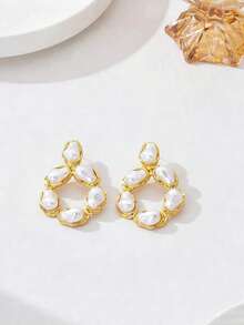 2pcs/Set Fashionable Elegant Unique Retro Asymmetric Baroque Faux Pearl Earrings & Necklace Set, Luxury Accessories For Women, Suitable For Daily Wear, Parties, Dates, Banquets - 1 Pair Of Earrings - View 2