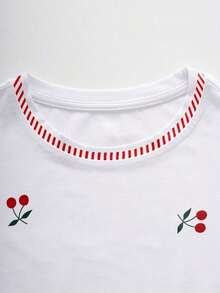 Women's Casual T-Shirt, Gray, New Summer Design, Round Neck, Sweet Cherry Print, Graphic Design, Student Style, Versatile Minimalist Fit, Suitable For Daily Wear, Outdoor Activities, Travel, Comfortable, Essential For Women - 紅色 - 查看 4